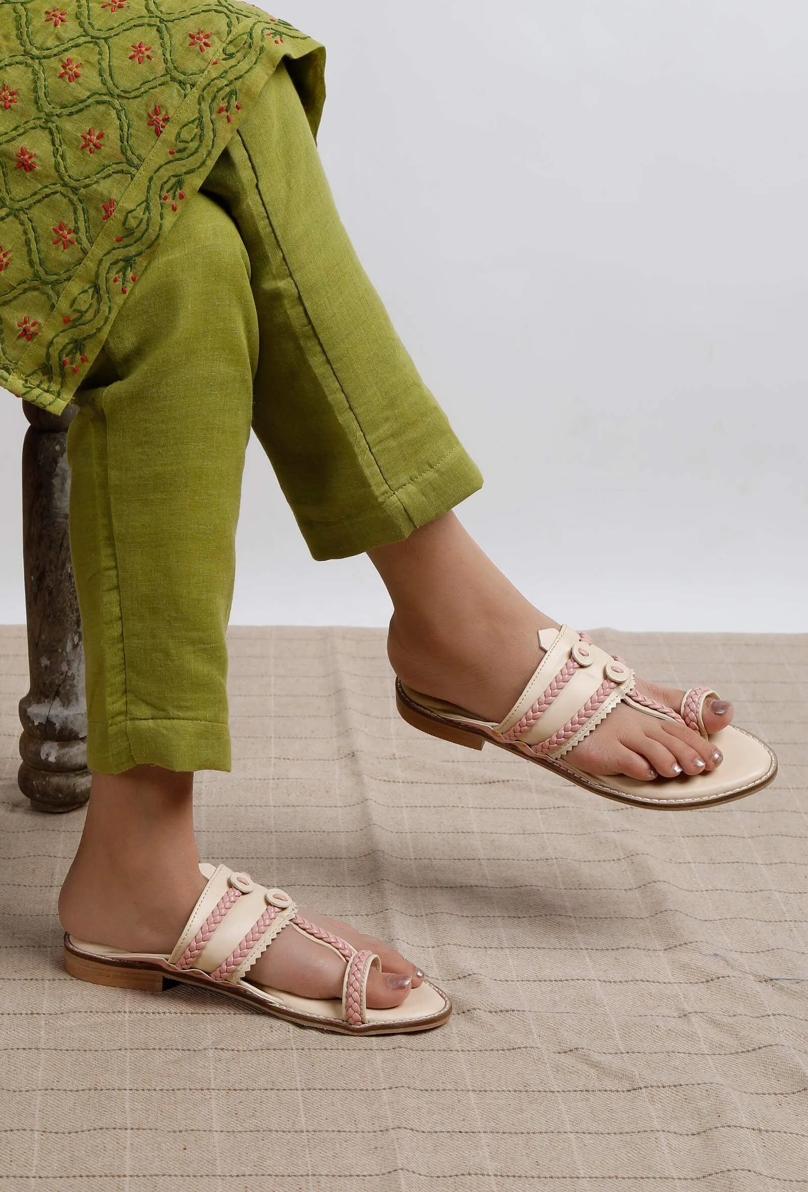 Beige And Pink Cruelty-Free Leather Sandals