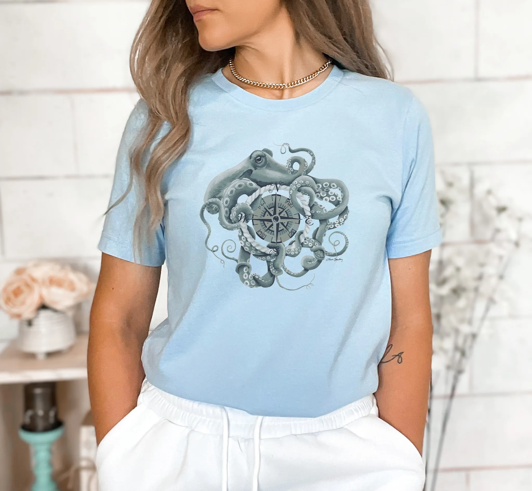 Calamari Compass, Octopus Shirt, Cute Octopus Shirt, Nautical T-Shirt, Compass T-Shirt, Cute Octopus Shirt, Ocean Lover Gift, Nautical Gift