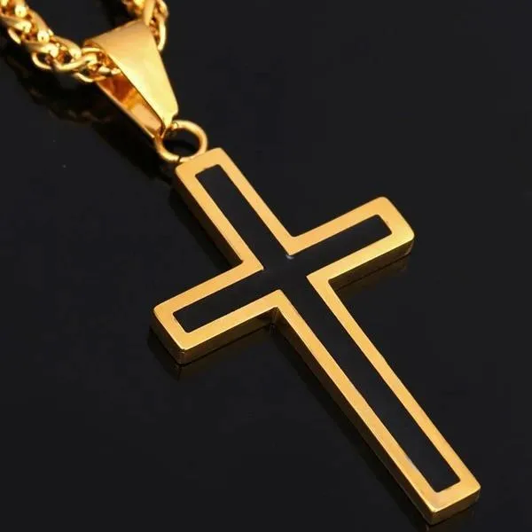 Classy Men Black Gold Cross Pendant Necklace