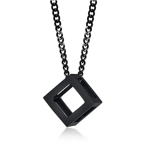 Classy Men Black Square Cube Pendant Necklace