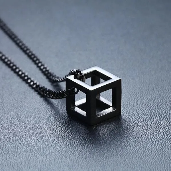 Classy Men Black Square Cube Pendant Necklace