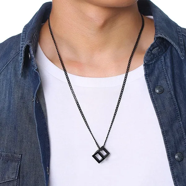 Classy Men Black Square Cube Pendant Necklace