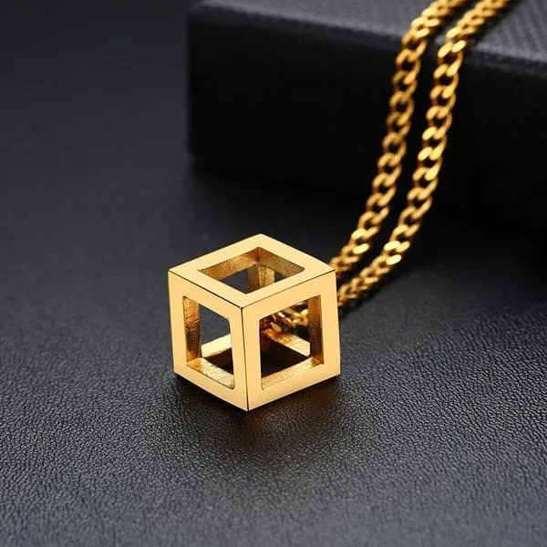 Classy Men Gold Square Cube Pendant Necklace