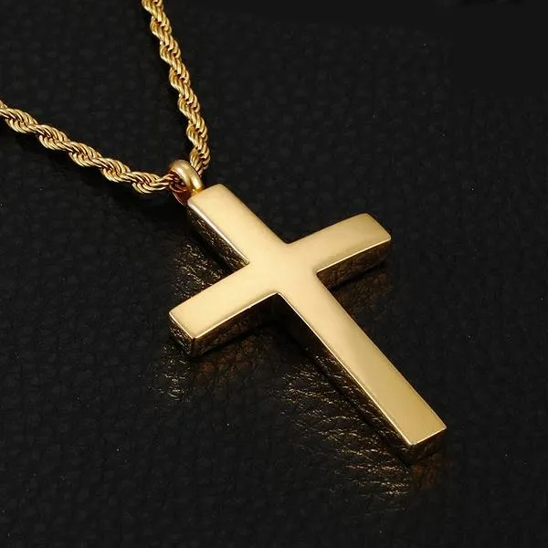 Classy Men Gold Tapered Cross Pendant Necklace