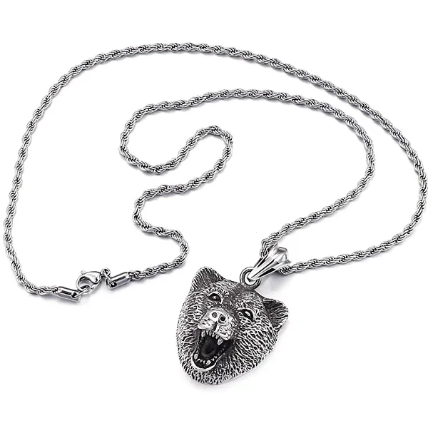 Classy Men Silver Bear Pendant Necklace