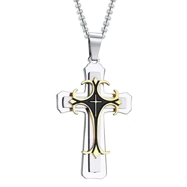 Classy Men Silver Gold Designer Syriac Cross Pendant Necklace