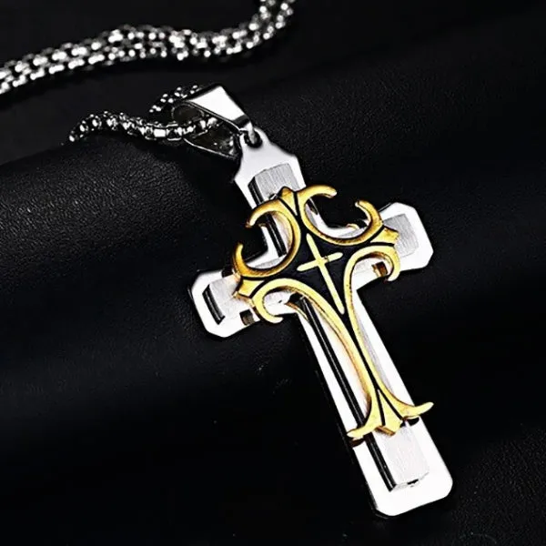 Classy Men Silver Gold Designer Syriac Cross Pendant Necklace