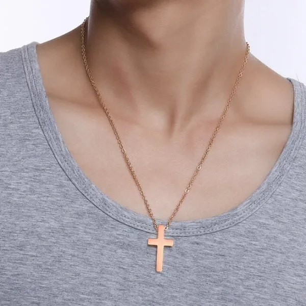 Classy Men Simple Rose Gold Cross Pendant Necklace