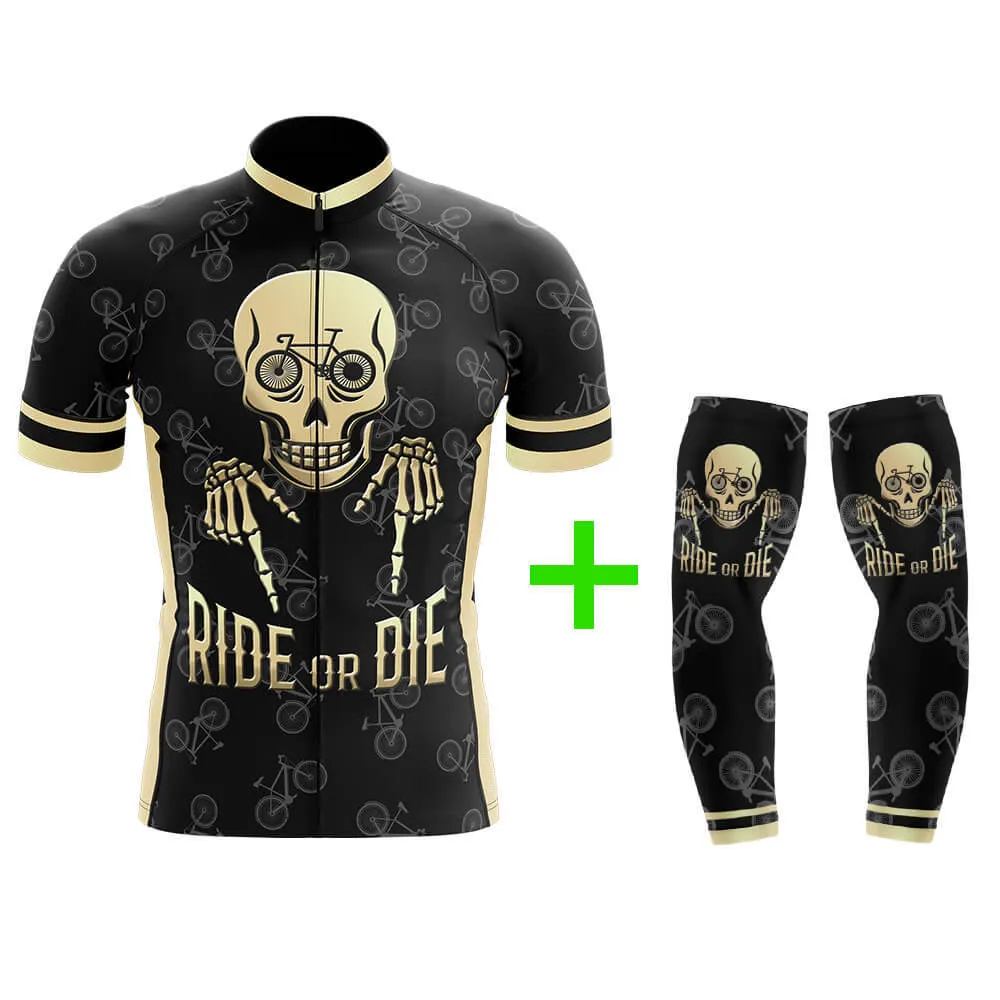 Cool Cycling Jersey With Arm Sleeves Ride Or Die V3 Black Yellow Skull Mens Bike Jersey