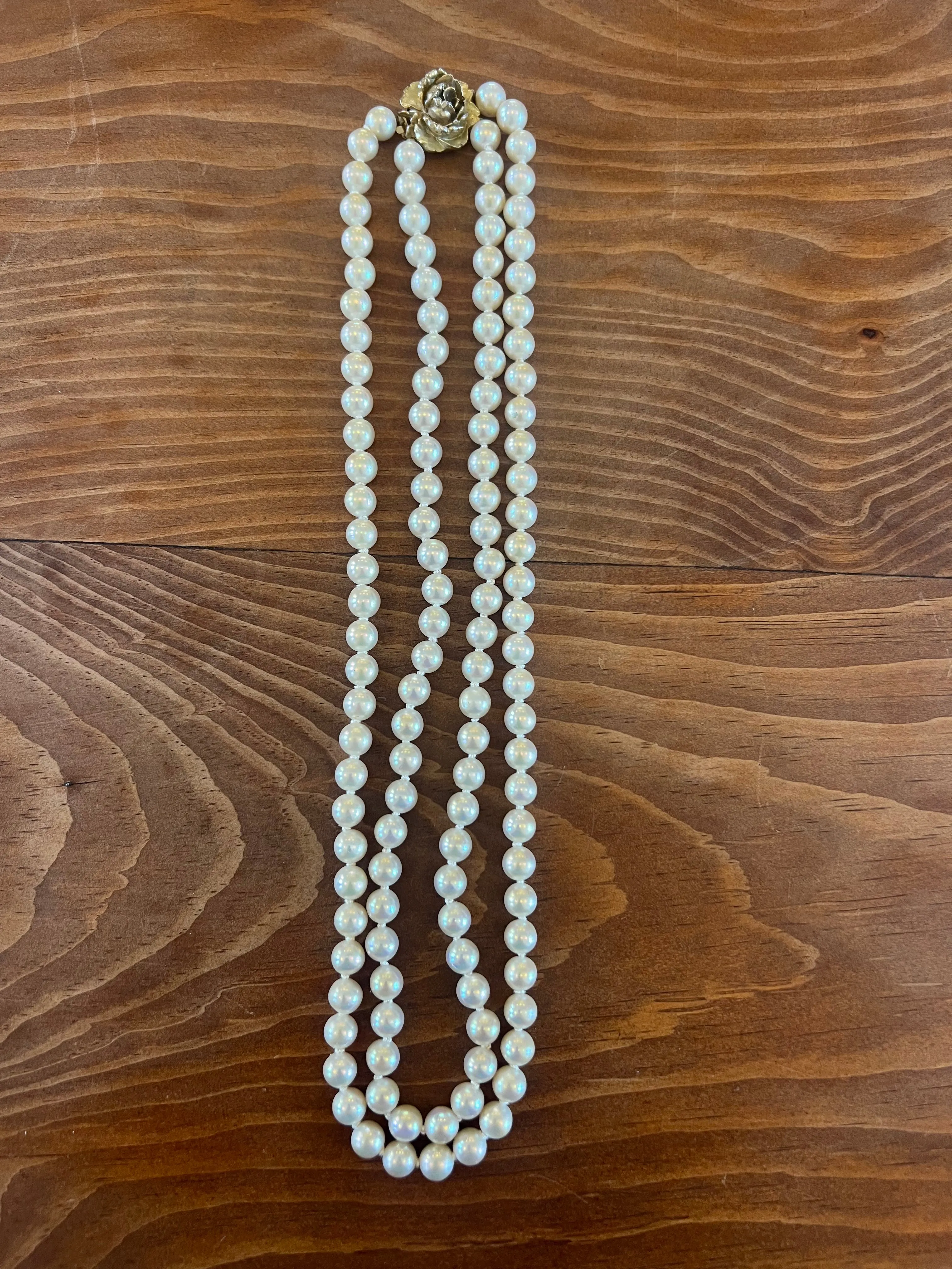 Double Strand Pearl Necklace with Intricate Rose Clasp (Vintage)