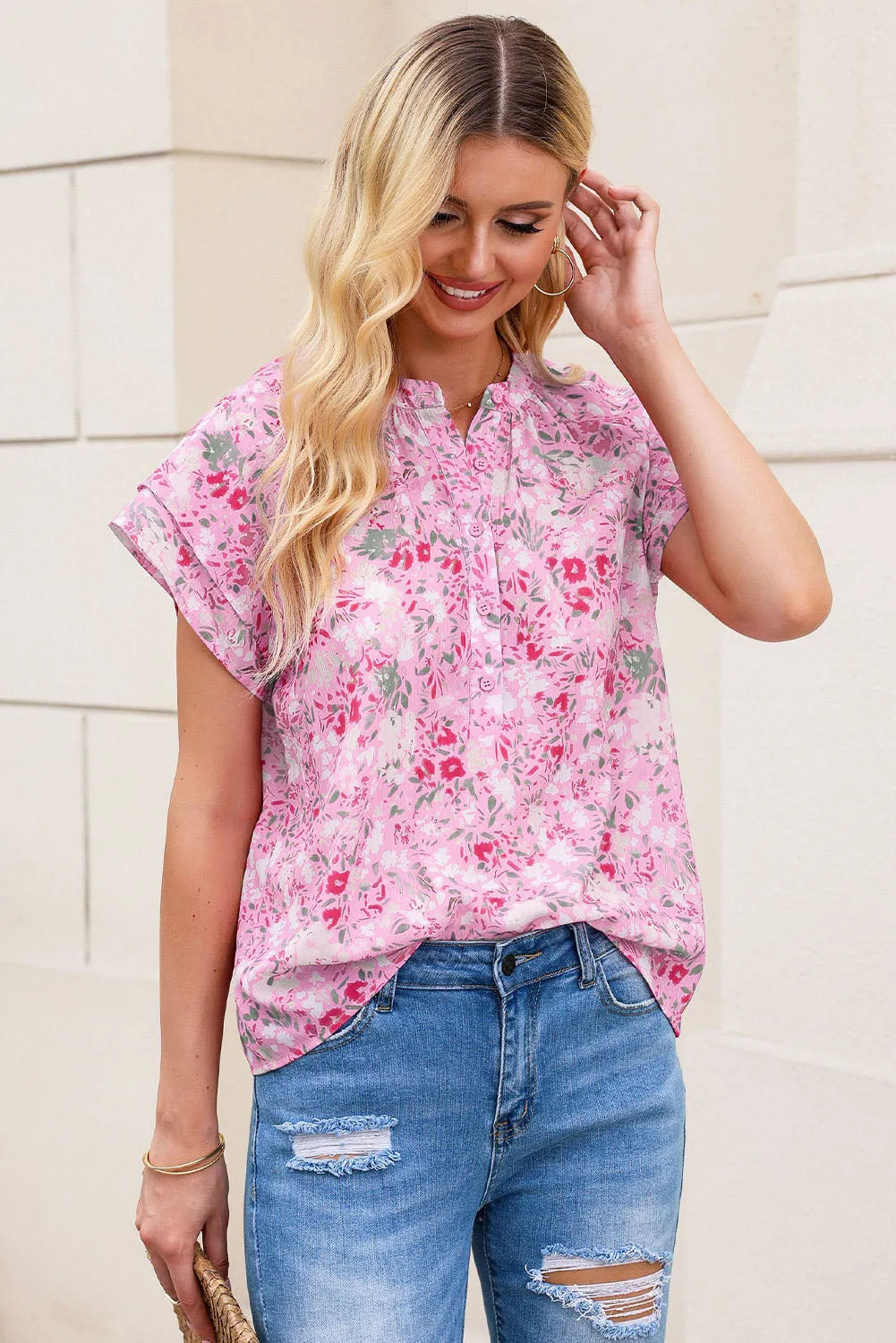 Floral Half-Button Flutter Sleeve Blouse