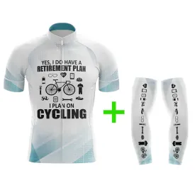 Funny Cycling Jersey With Arm Sleeves Retirement Plan V2 Gradient White Blue Mens Bike Jersey