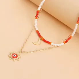 Gold Plated Red Evil Eye With Sunflower And Moon Multilayer Necklace Alloy Necklace