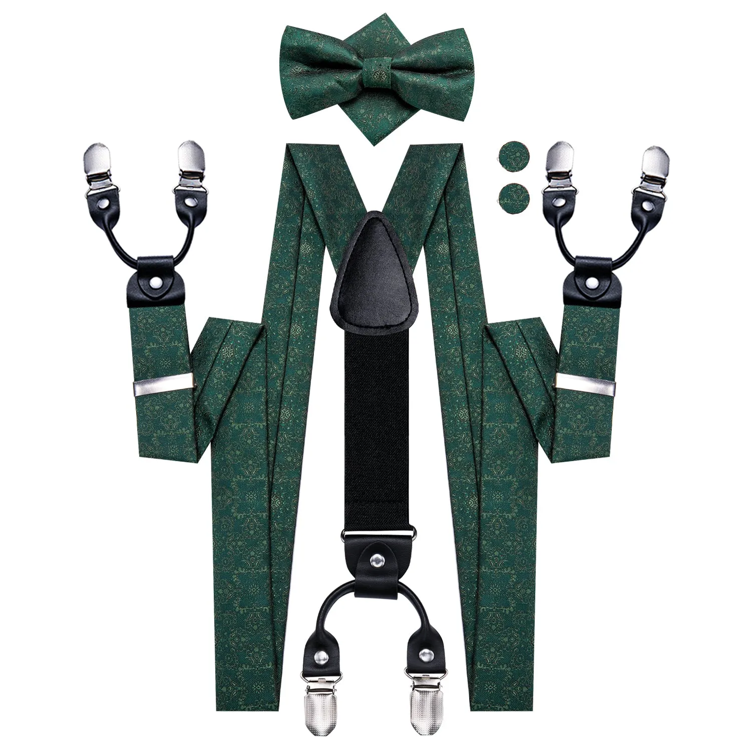 Hi-Tie Deep Green Mens Floral Suspender Bowtie Hanky Cufflinks Set