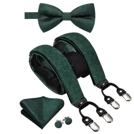 Hi-Tie Deep Green Mens Floral Suspender Bowtie Hanky Cufflinks Set