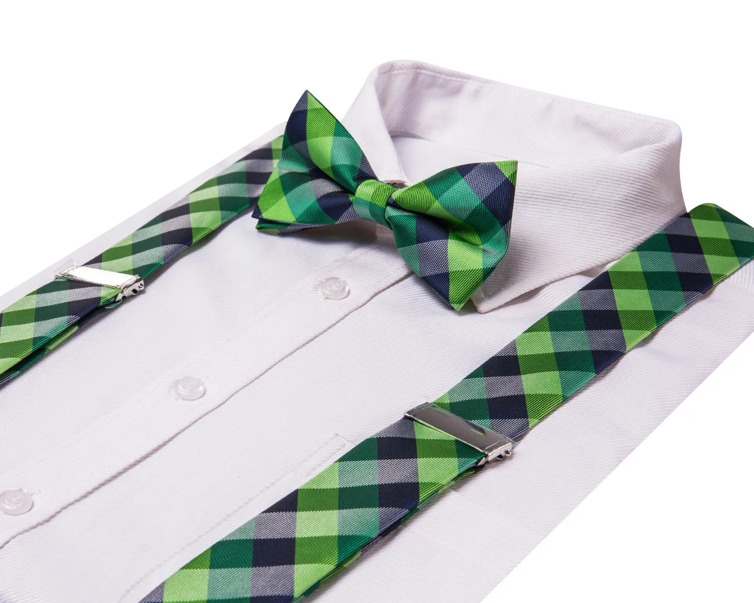 Hi-Tie Mens Green Blue Plaid Silk Suspender Bowtie Hanky Cufflinks Set