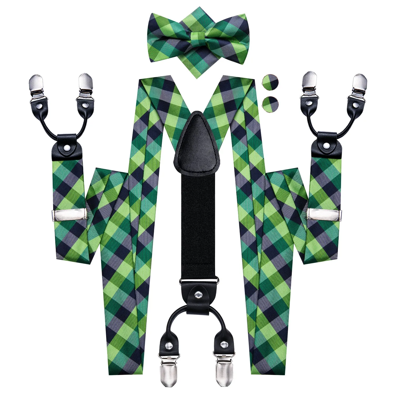 Hi-Tie Mens Green Blue Plaid Silk Suspender Bowtie Hanky Cufflinks Set