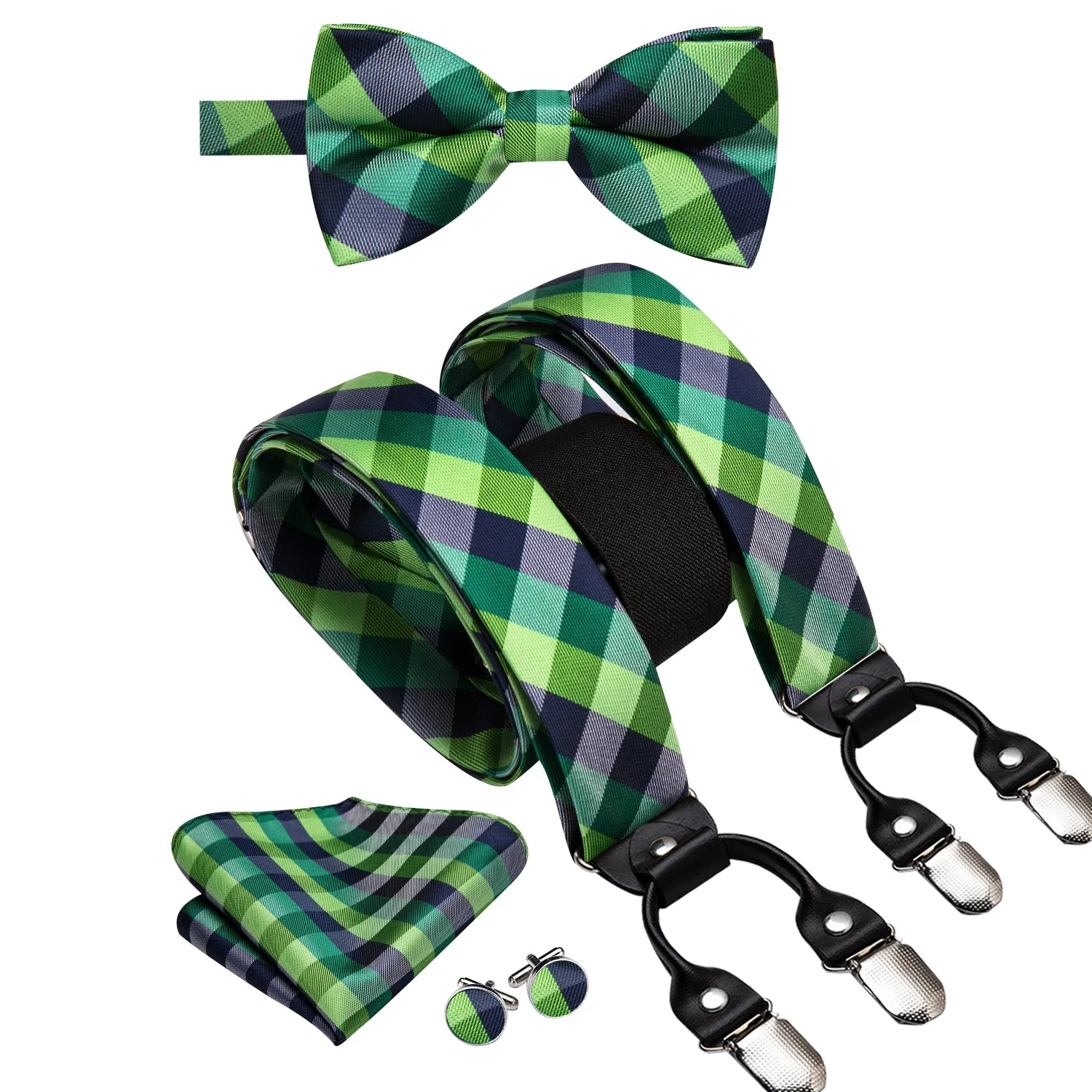 Hi-Tie Mens Green Blue Plaid Silk Suspender Bowtie Hanky Cufflinks Set