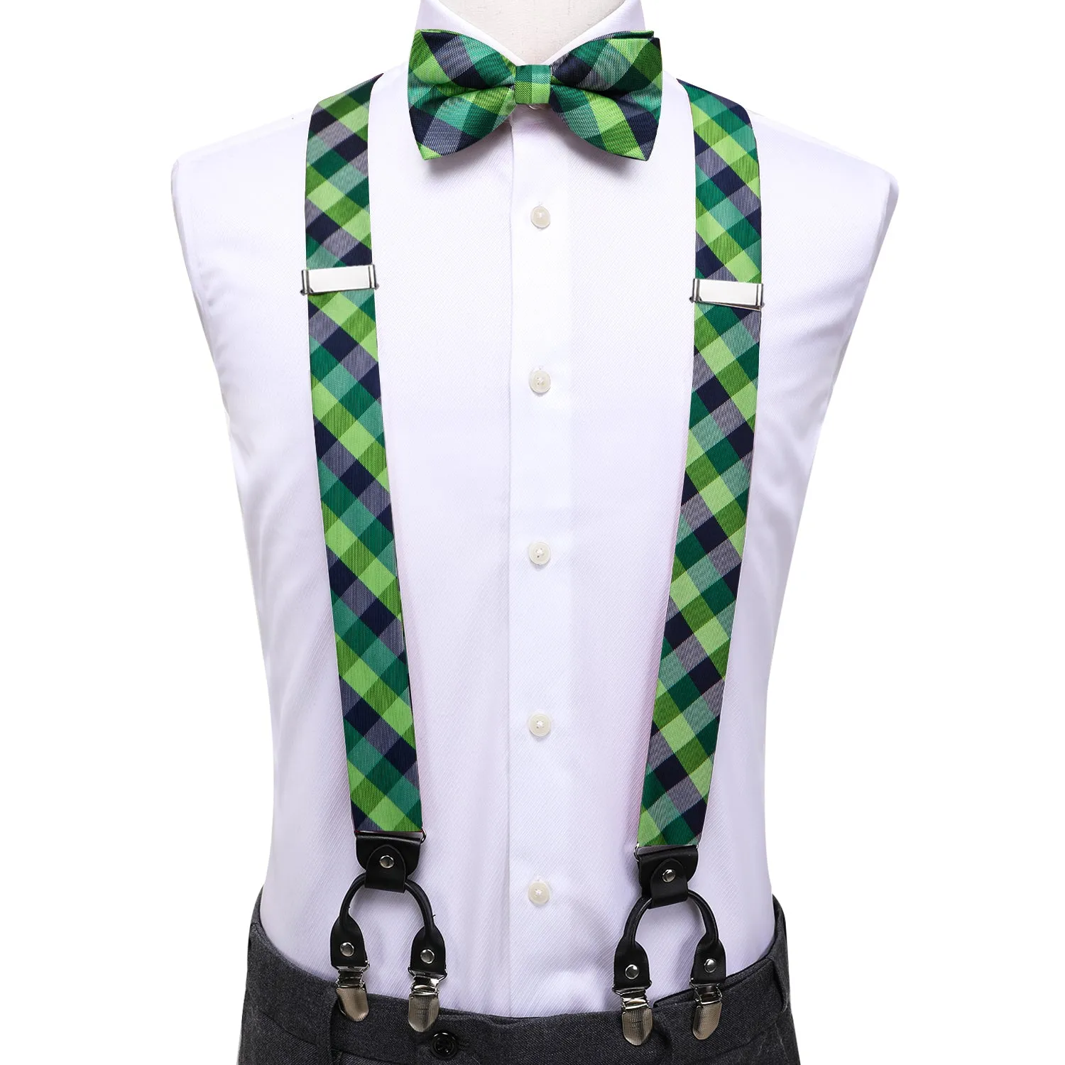 Hi-Tie Mens Green Blue Plaid Silk Suspender Bowtie Hanky Cufflinks Set