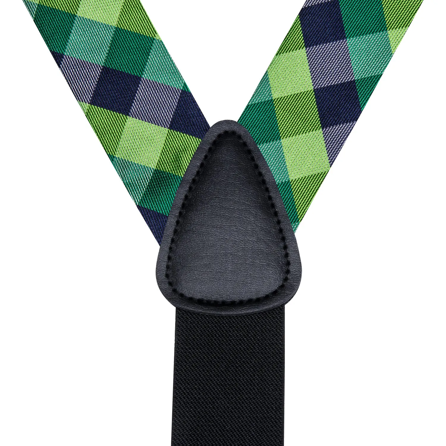 Hi-Tie Mens Green Blue Plaid Silk Suspender Bowtie Hanky Cufflinks Set