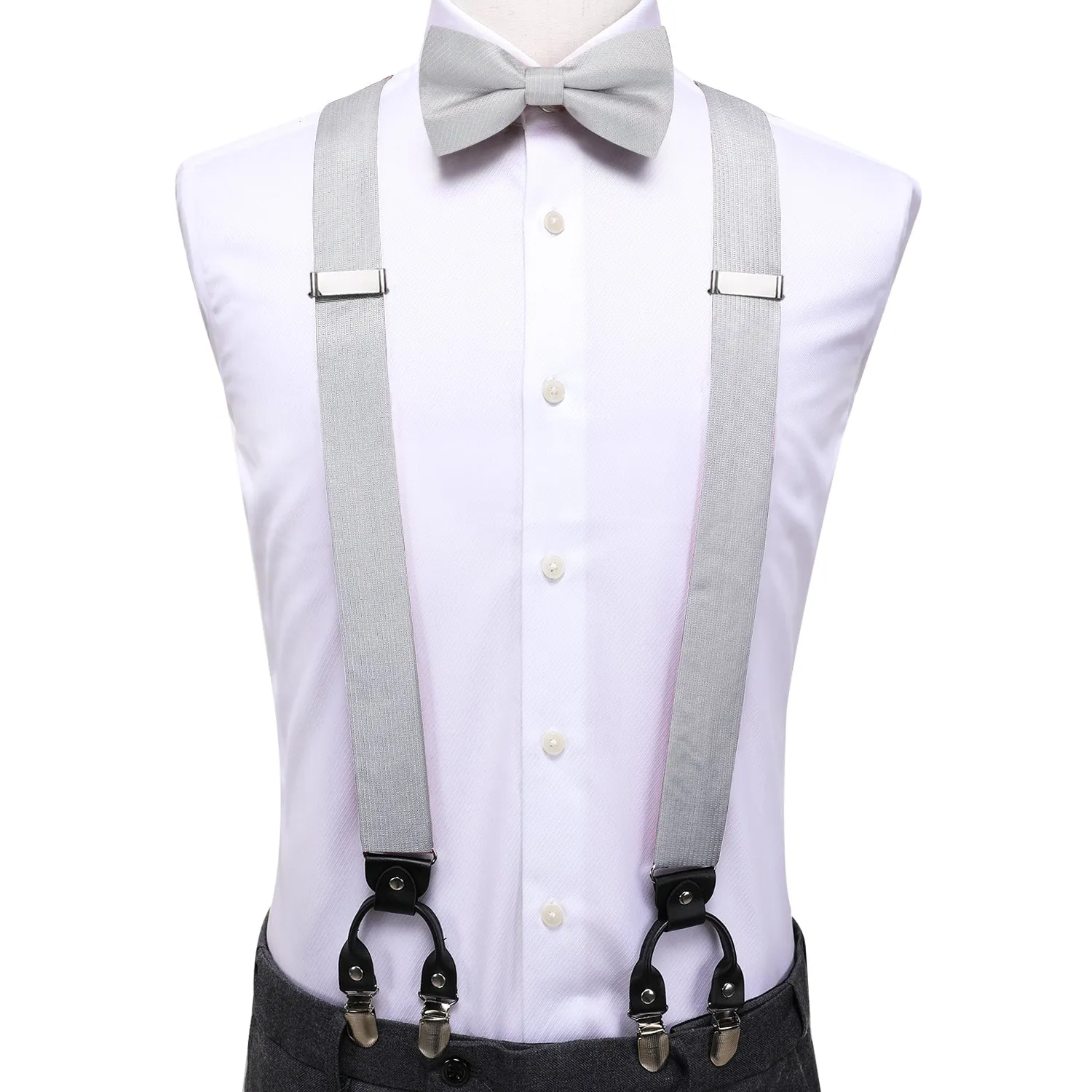 Hi-Tie Silver Solid Mens Wedding Suspender Bowtie Hanky Cufflinks Set