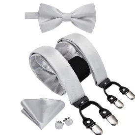 Hi-Tie Silver Solid Mens Wedding Suspender Bowtie Hanky Cufflinks Set