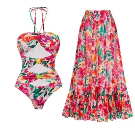 Julia Halter Neck Cut Out Floral Swimsuit with Floral Skirt Cover-Up