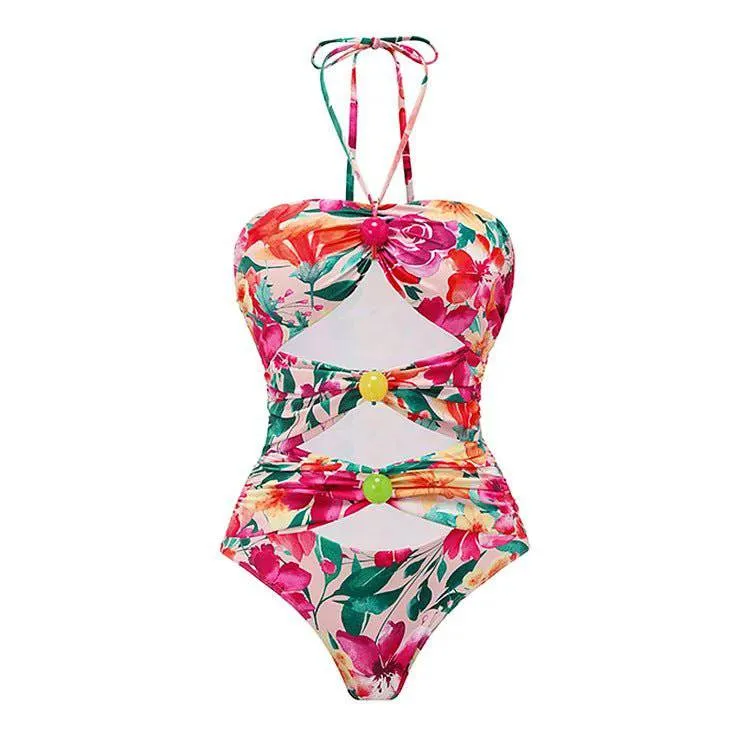 Julia Halter Neck Cut Out Floral Swimsuit with Floral Skirt Cover-Up