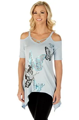 Liberty Wear Butterflies, Short Sleeve, Cold Shoulder Mini Sharkbite Hem Tunic