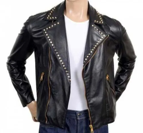 Men Golden Studded Zipper Fashion Leather Jacket