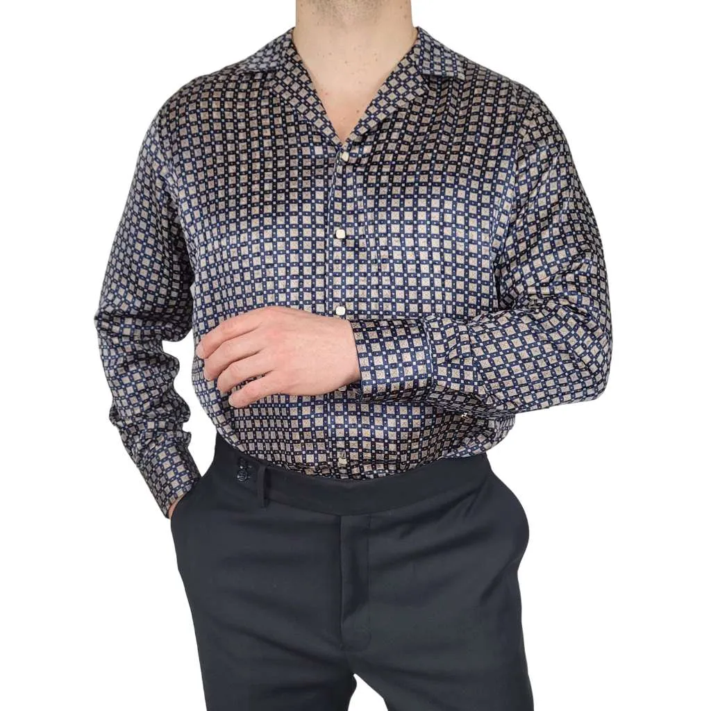 Mens Navy Grid Silk Shirt