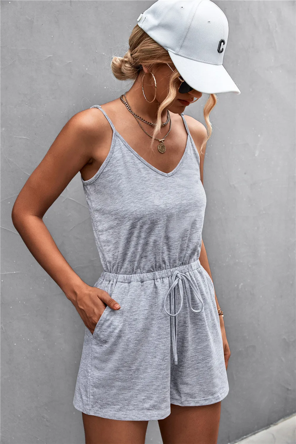 Spaghetti Strap V-Neck Pocket Romper