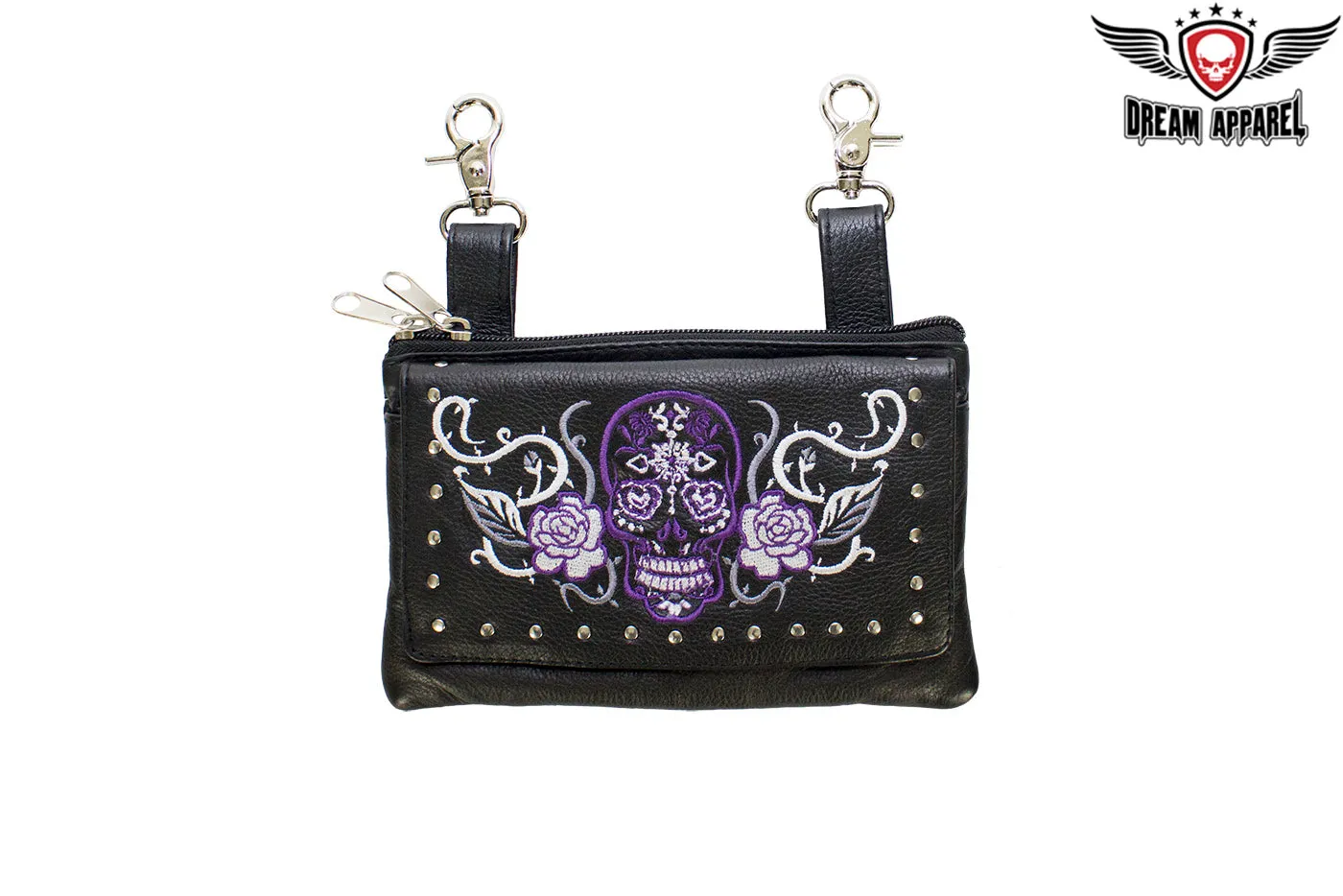 Studded Purple Sugar Skull Naked Cowhide Leather Belt Bag