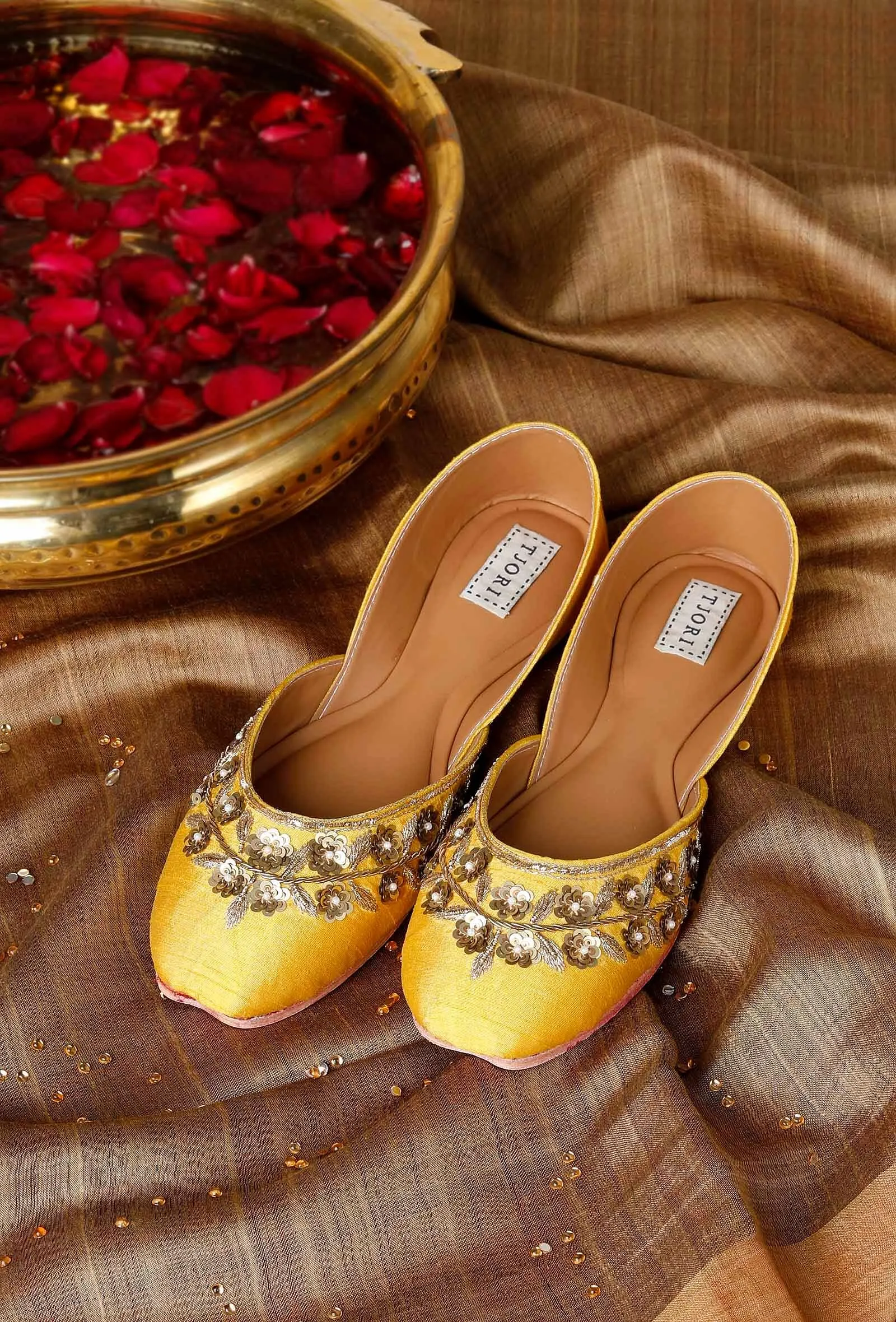 Yellow Hand Embroidered Silk Juttis