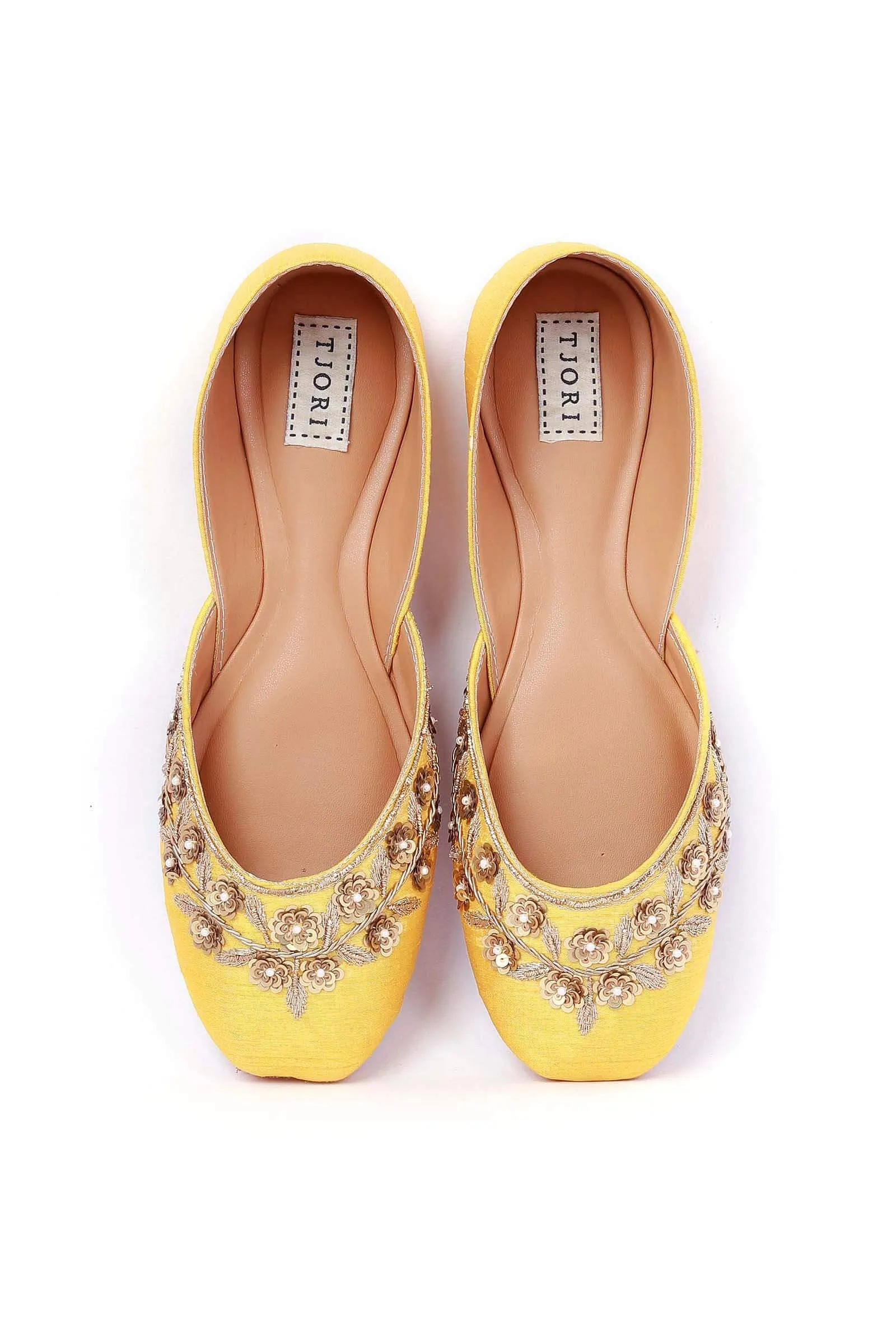 Yellow Hand Embroidered Silk Juttis