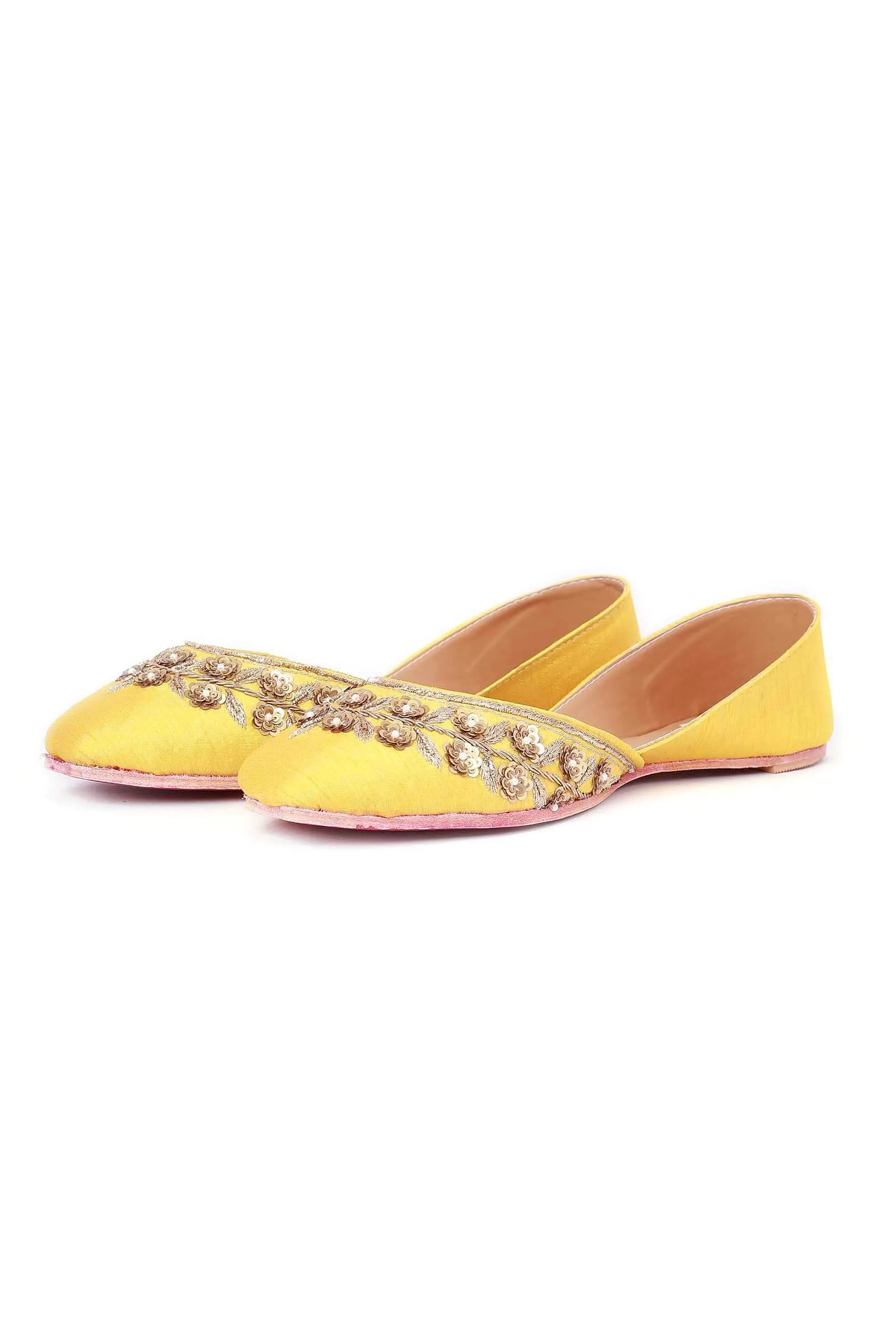 Yellow Hand Embroidered Silk Juttis