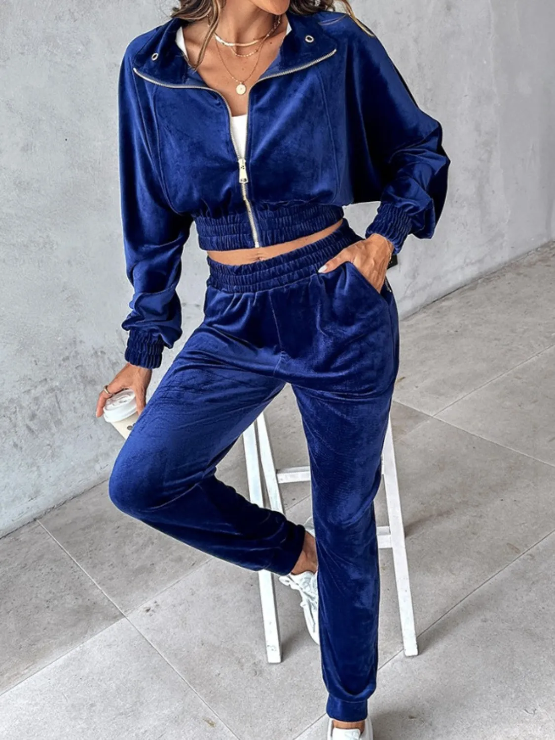 Zip Up Long Sleeve Cropped Top and Joggers Set